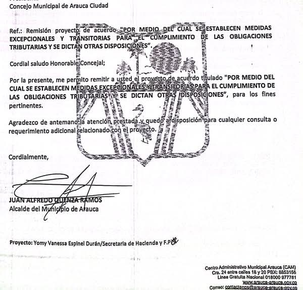 1000036466 Proyecto para condonación de los intereses moratorios de impuestos en un 90%llega al concejo del municipio de Arauca